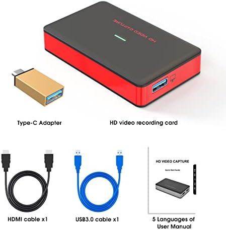 Digitnow USB3.0 HDMI Video Capture Card, 1080p 60FPS HD Game Game Recorder Cam Link Com HDMI Passthrough Live Streaming Recording Work With Xbox PS5 PS4 Swtich, Red, 3,66*2,16*0,59, Br140