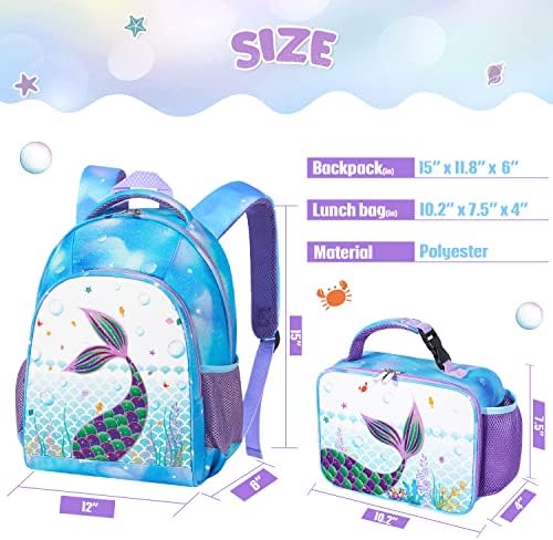 Conjunto de mochilas para crianças de sereia de PVC - Mochila Glitter School com lancheira para meninas para meninas