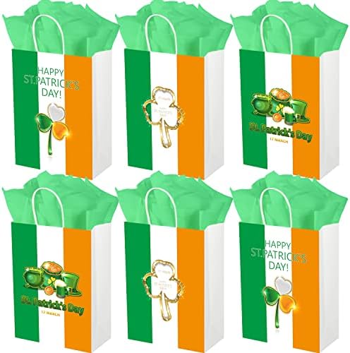 Sperpand 48 Pacote sacos de presente do dia de São Patrício com lenços de papel, Goodie de papel com alças, bolsas verdes