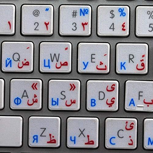 Layout de etiquetas cirílicas russas árabes para o fundo transparente de letras vermelhas e azuis do teclado é compatível com