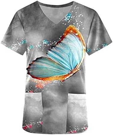 Scrub Tops for Women Women Trendy Butterfly Impresso Manga curta Enfermeira uniformes de trabalho camisas casuais em V com bolsos