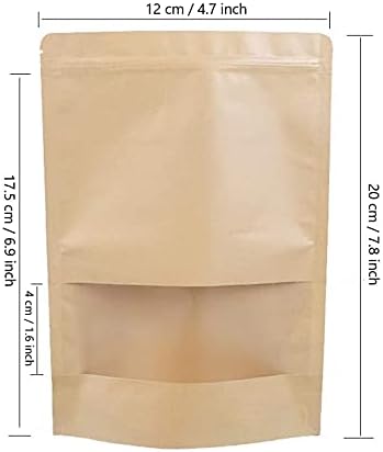 72pcs 4.7x7.8 Papel Kraft Stand -Up Sacos com janela fosca, bolsas de armazenamento de alimentos com ziplock selvagem