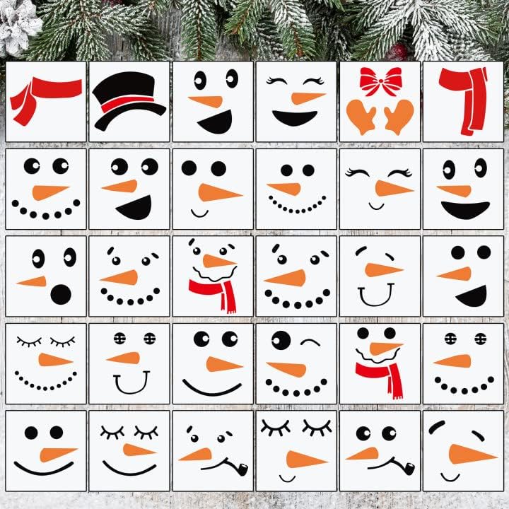 30 peças de natal boneco de neve rosto estêncils reutilizáveis ​​boneco de neve reutiliza estêncil de férias de férias para pintar em madeira de papel de parede de papel de parede de 3 polegadas