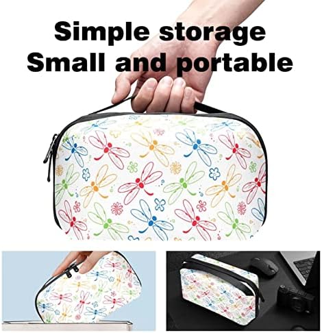 Dragonfly Floral Padrão colorido Red Blue Green Orange Electronics Organizador, Bolsa de Armazenamento de Cordamento de Cordão Impermeável para Viagem em Casa, Caso Eletrônico de Acessórios para Charge Mouse USB SD Discos rígidos