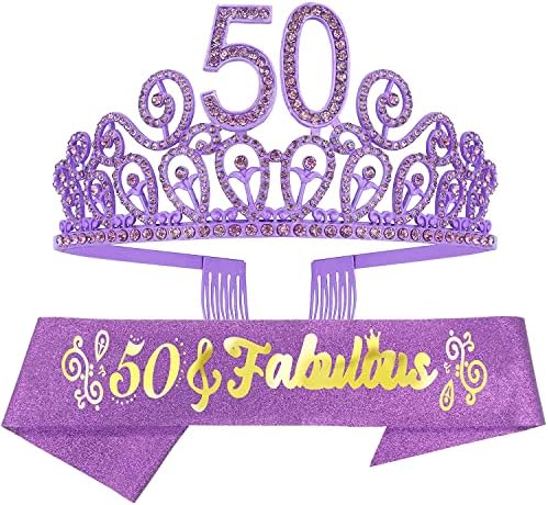 Destacado 2Tobe 50º aniversário FATA E TIARA PARA MULHERES - FABULAÇÃO GLITTER SASH + RIPPES SHINESTONE Purple Premium Metal Tiara para ela, 50º presente de aniversário para 50 Party Party