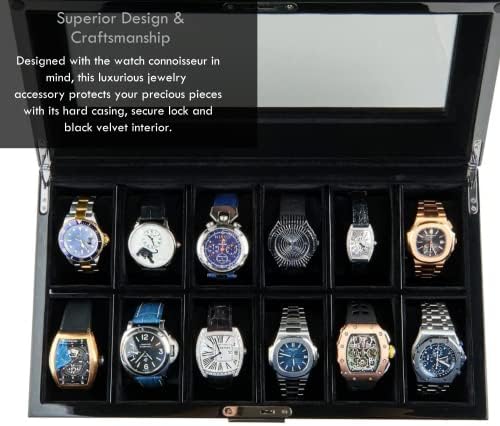 Hawk & Gable Luxury 12 slot watch Box Organizador, exibição de vidro e trava de metal, compartimentos largos se encaixam em relógios grandes, forro de veludo macio, estojo de joias masculina, acabamento de fibra de carbono