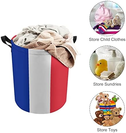 Flag da França 42l Round Roundry Basket Casket Roupas dobráveis ​​Hampers com tampo de cordão