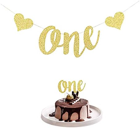 Mornendew Gold Glitter One Banner e One Cake Toppers para crianças Partida de aniversário de aniversário da festa de casamento