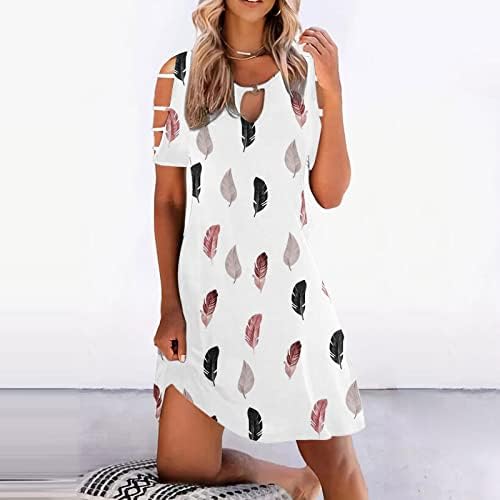 Vestidos casuais femininos de verão na moda da tripulação vintage, recorte de pescoço de pescoço frio de manga curta Midi Tshirt vestido