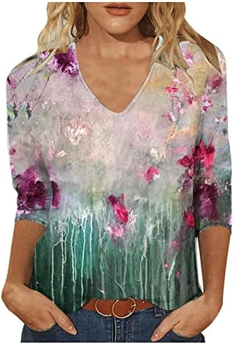 Mulheres 3/4 de manga Tops de verão Túnicos florais casuais vistosas camisetas de cotovelo de pescoço