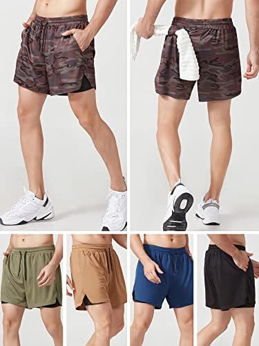 Huiop dupla camada, masculino ostenta shorts com revestimento 2 em 1 com bolsos loop de toalhas de shorts de fitness de corrida rápida seca