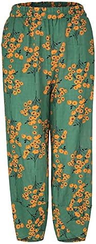 Calças Capri femininas, linho de algodão ELASITC CAISTA PELA LARGA PELA LONA CAPRIS CAPRIS FLORAL CRUPO CRUPO CRUPO PARA PARA