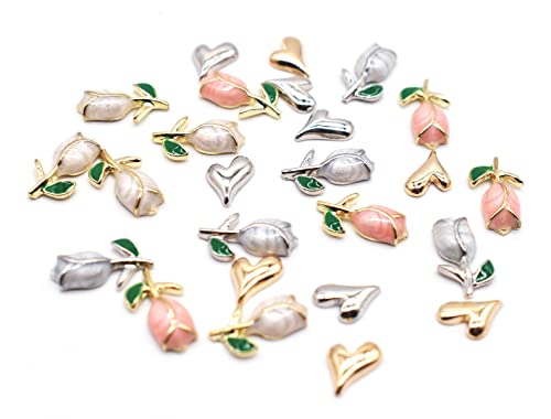 Lifoost 25pcs Rospa encasagens de unhas Flores de unhas Charms 3D Metal Gold Silver Heart Nail Studs Jewels For Unhe
