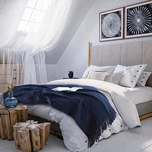 Clante de tricô robusta, cobertor azul azul marinho de cama aconchegante e aconchegante com borlas, cobertor decorativo