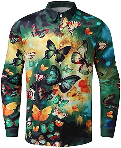 Camisas de linho de algodão Wocachi para masculino, botão de verão para baixo de manga comprida Butterfly boho imprimir camisas havaianas