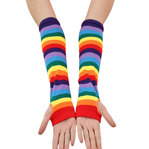 Listras de arco -íris femininas para mulheres na coxa de meias altas braço mais quentes luvas sem dedos