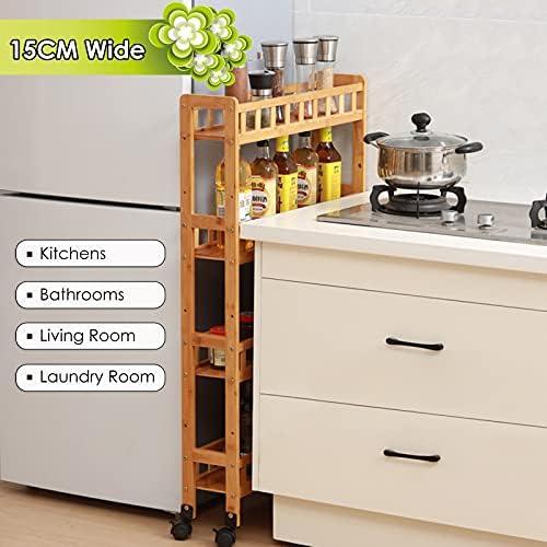 Kaikea Light e forte 5 camada de cozinha de cozinha de cozinha de bambu Slide Organizer Rack com rodas de 15 cm de largura prateleira