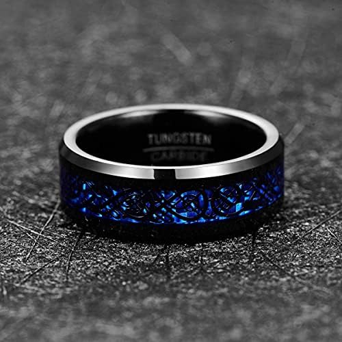 Tungstory 8mm de tungstênio preto tungstênio anel de casamento de dragão celta para homens com fibra de fibra de carbono