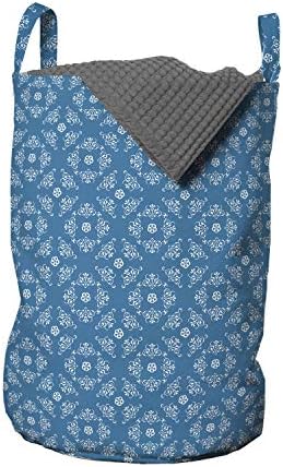 Bolsa de lavanderia de Paisley Blue Ambesonne, Padrão de Ilustração Bicolor de Arranjo Simétrico, cesta de cesto com alças Fechamento