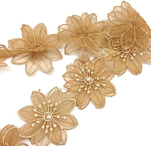 Karmelling 10pc Gold Pearl Chiffon Flower Borded Lace Borge Trimpar Ribbon, 3 polegadas