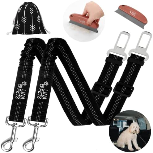 Lina Pets Dog Belt Belt-Conjunto de 2 cintos de segurança para carros com escova de cabelo de estimação e bolsa de viagem-arnês