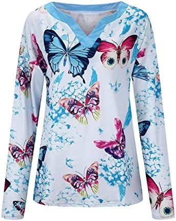 Button Shirt Women Women Fashion Casual Fashion Butterfly Print V pescoço de manga comprida camisa Camisa