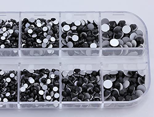 Mais de 2100 peças jato preto traseiro liso de vidro de vidro cristais para kit de arte unhas 6 tamanhos