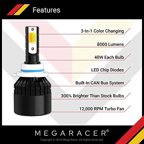 Mega Racer 9005/HB3/H10/9145 Bulbos de farol de LED 3 Alteração de cor Luz 50w 8000 lúmen led líderes IP68, pacote de 2