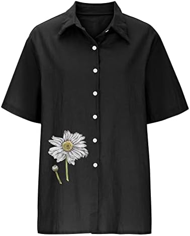 2023 Camisas de linho de algodão de verão para mulheres Trendy Floral Impresso de manga curta Tops de lapela Robra grátis