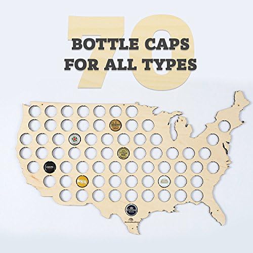 Mapas de boné de cerveja dos EUA-Suporte de boné de cerveja para 70 tampas de garrafa feitas de madeira compensada de bétula de qualidade com orifícios pré-perfurados para montar na parede-Presente legal para os amantes da cerveja