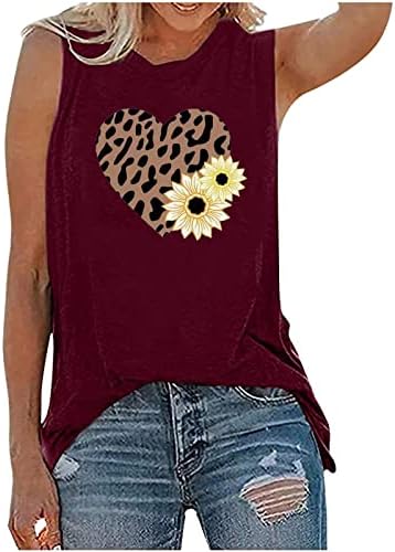 Tampas gráficas de oplxuo para mulheres de verão casual casual camisas sem mangas de girassol com leopardo com leopardo redondo camisetas de pescoço redondo