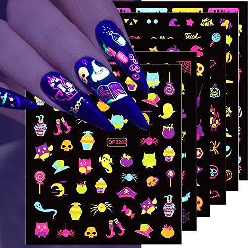 Adesivos de arte de halloween adesivos de arte cair caveira aranha-aranha bastão 3d decalques de unhas de halloween auto-adesivo brilho no suprimento de unhas de unhas escuras para mulheres meninas crianças （6pcs）