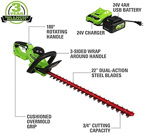 Greenworks 24V 22 sem fio Laser Cut Hedge Trimmer, Bateria e carregador USB 4.0AH incluídos