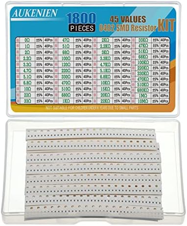 Aukenien 0402 Kit de sortimento do resistor SMD 45 Valores 1800pcs 0R a 10m ohm 1/16W Resistores de chip SMT variados