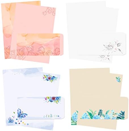 48pcs Papel de redação estacionário com envelopes - Papel de papelaria japonês Papater de carta floral de impressão de dupla face, 32 papéis estacionários + 16 envelopes, 7,5 x 10,4 polegadas de cada papel estacionário