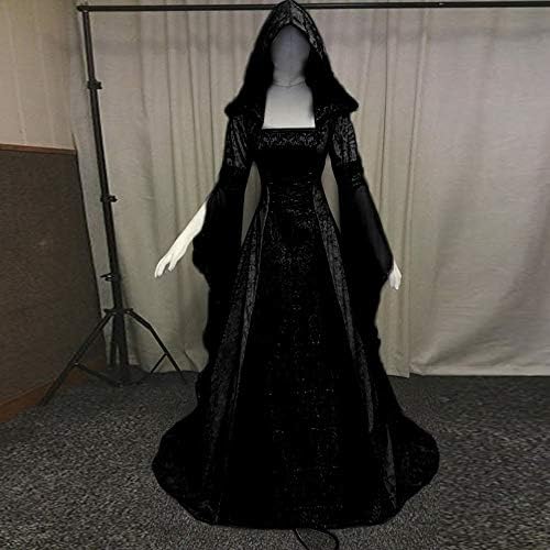 Vestido medieval de zefotim, vestido de bruxa vintage para mulheres com capuz de manga trompa de luta de trompete vestido de halloween