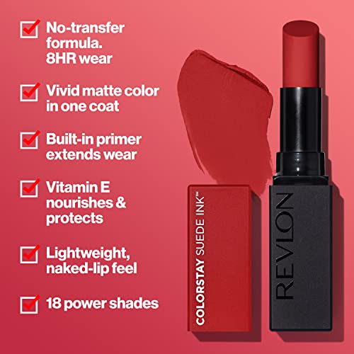 Lipstick de Revlon, tinta de camurça colorida, primer embutido, infundido com vitamina E, impermeável, à prova de mancha, cor