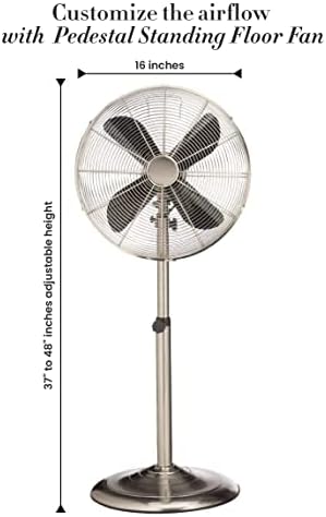 Decobreeze Pedestal Standing Floor Fan, ventilador oscilante de 3 velocidades internas com altura ajustável, ventilador de aço inoxidável, 16 polegadas