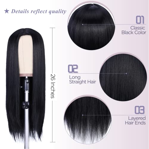 Peruca rápida peruca preta longa peruca negra natural reta para mulheres parte média resistente ao calor peruca sintética
