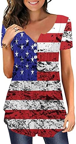 Tops impressos da bandeira americana para mulheres redondo pescoço ocultar botão de túnica plissada manga curta henley tshirt túnica