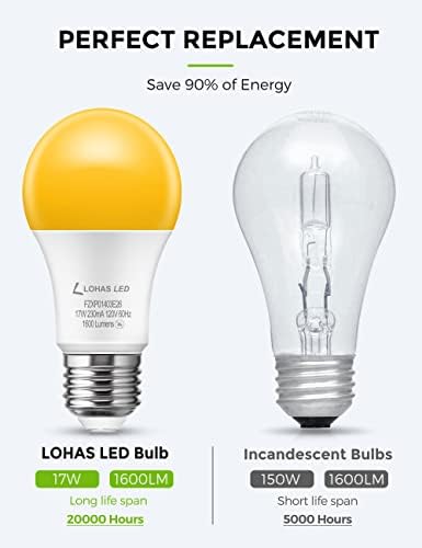 Lâmpadas de inseto lohas a19, luzes LED amarelas 150W equivalentes, lâmpadas LED com eficiência energética de 17 watts,