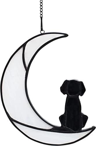 Perda de simpatia do cão Presente de um cachorro preto Decoração de gargações brancas da lua Suncatcher manchado de
