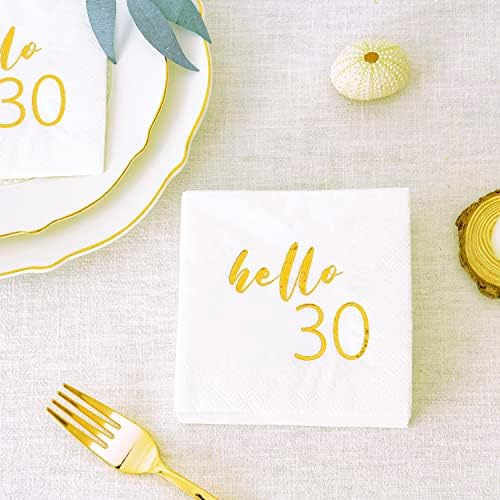 Crisky Gold Foil Hello 30 Cocktail Nudings for Women/Men 30th Aniversário Decorações, 3-Ply 30º Aniversário Disponicável Bolo Bancos Aguarãs