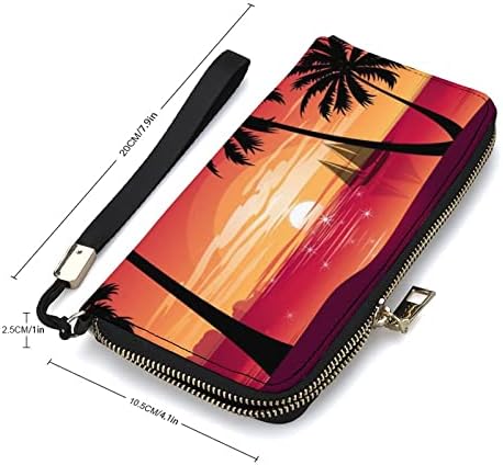 Palmeira do pôr do sol de praia zíper em torno da bolsa de embreagem de pulseira longa com porta com suporte de cartão