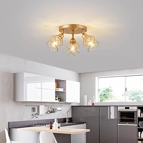 Hanqing.Lighting Gold Flush Mount Teto Frept com 3 lâmpada de ferro rotativa, luminárias modernas Montagem de teto para cozinha,