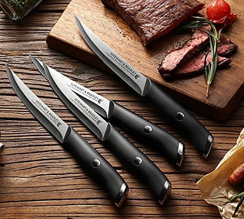 Knives Steak Knives de Stewart e Bradley, 8, aço alemão premium #4028, 50% de aresta reta nítida e uma lâmina serrilhada de 50% para uso ideal, alça ergonômica leve e designer, mão de obra de qualidade.