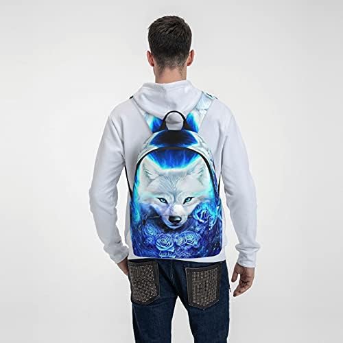 Fehuew 16 polegadas Backpack Fantasy Blue Roses Wolf Backpack Full Print School Bookbag Bag para viajar Daypack