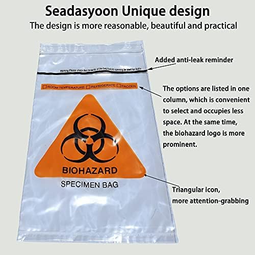 Seadasyoon 500pcs 6x9.8in/15x25cm Bolsas de amostra de biohazard, saco de amostra de laboratório com impressão de logotipo de biohazard, capotagem com bolsa de papelada de bolso externo com bolsa de papelada