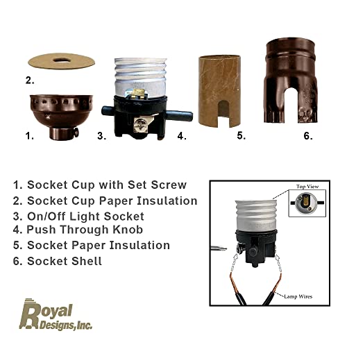 Royal Designs, Inc. Push através do soquete da lâmpada para lâmpadas incandescentes ou LED, acabamento de bronze esfregado a óleo, conjunto de 2