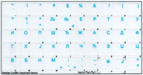 Decalques do teclado sérvio em fundo transparente com letras azuis, laranja, vermelha, branca ou amarela